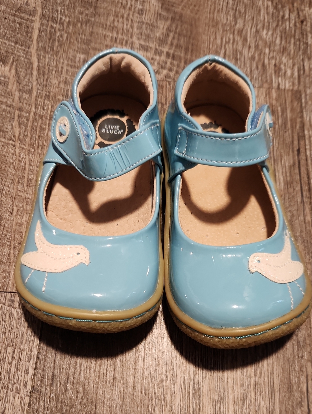 Livie & Luca Girls Light Blue Patent Mary Jane Shoes with Bird Appliques